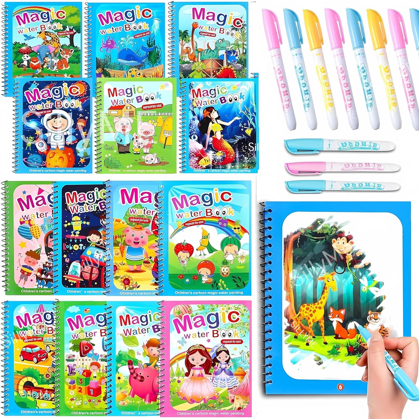 Reusable Magic Coloring Water Book (Pack Of 8 Books + 8 Pens)